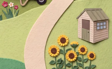 Garden: a felt path between rose bushes and sunflowers, a shed at the turn.
