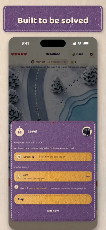 The pre-level sheet: built to be solved, a streak, a free cord.